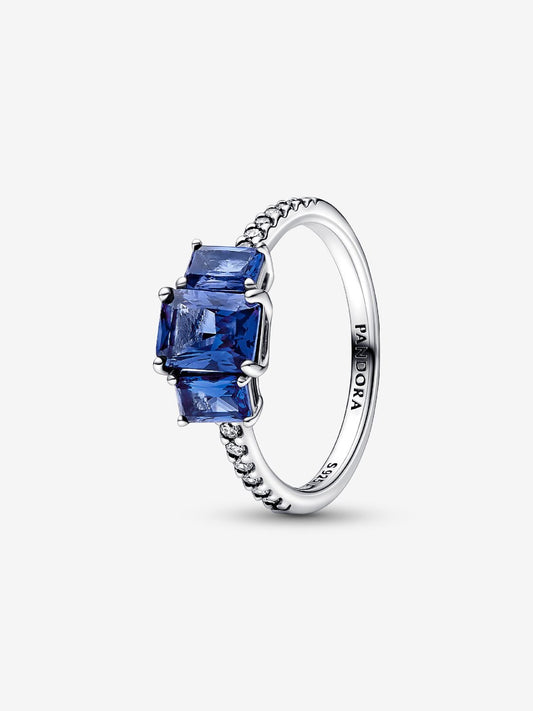 Blue Rectangular Three Stone Sparkling Ring